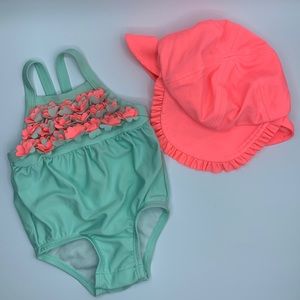 Adorable Cat & Jack swimsuit and hat for infant girls. 3-6 months